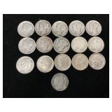 16 90% Silver 1905-64 Mercury, Roosevelt Dimes.