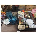 Blue Empoli Glass Vase, Milk Glass Dish.