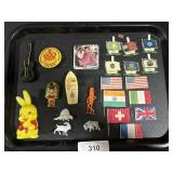 Animal Figurines, Noisemaker, Button Pins.