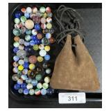 86 Vintage Glass Marbles & Leather Pouch.