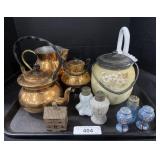 Copper Tea Set, Milk Glass Basket, S&P Shakers.