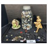 Atlas Mason Jar, Various Buttons, Fairy Figurines.