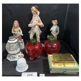 Art Glass Apples, Farmer & Clown Figurines.