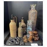 Large Glass Vase, 4 Bottles, Cat Figures.