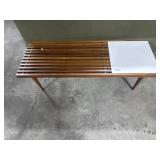 MCM Slatted Bench W/White Laminate Accent.