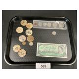 Wooden Tokens & Foreign Currency.