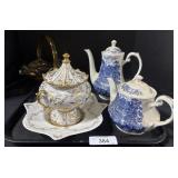 2 Blue Decorated Teapots, Hand Blown Glass Basket.