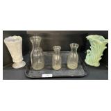 Milk Bottles, Milk Glass & McCoy Vases.