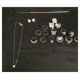 14 Sterling Silver Rings, Necklace, Earrings,