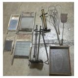 Primitive Washboards, Fireplace Tools, Pump.