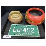 Co License Plate, Stoneware & Pottery Planters.