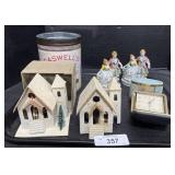 Advertising Tin, Clocks, 2 Christmas Putz Churches