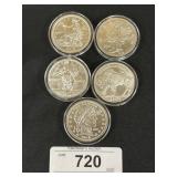 5 - 1 Oz Fine Silver Commemorative Rounds.