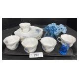 Queens China Teacups, Blue Glass Vase & Dish.