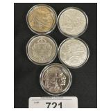 5 - 1 Oz Fine Silver Commemorative Rounds.