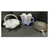 Cast Iron Pan, Butterfly Pitcher, Milk Glass.