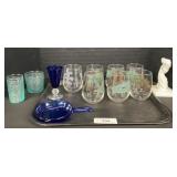 Mignon Faget Glasses, Milk Glass Candlestick.