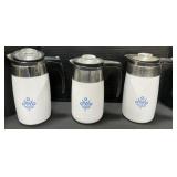 3 Corningware Blue Cornflower Coffee Percolators.