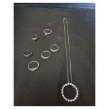 6 Sterling Silver Rings & Necklace.