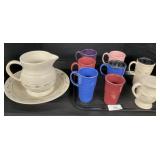Longaberger Pottery Mugs, Pitcher & Basin.
