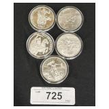 5 - 1 Oz Fine Silver Commemorative Rounds.
