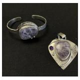 Sterling Silver Bracelet & Pendant W/ Amethyst