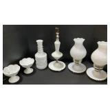 Milk Glass Candle Holders, Hobnail Lamps.