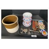 Stoneware Crock, Knives, Tin Car Emblems, Pots.