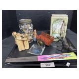 Vintage Buttons, Hand Fan, Ash Tray.