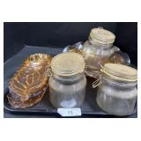 Carnival Glass Trinket Dishes, 3 Glass Jars.
