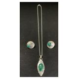 Sterling Silver Green Onyx Necklace & Earrings.
