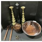 Salad Bowl Set, Pep. Grinder, Homco Candlesticks.