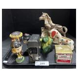 3 Bobble Heads, Animal Planters, Horse Figure.