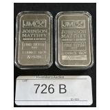 2 - 1 Oz .999 Fine Silver JM Bars.