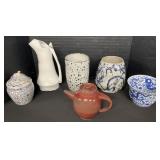 Hand Thrown Vases, Teapot, Pitcher.
