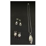 Sterling Silver Garnet Necklace & Earrings.