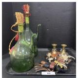 Hand Blown Glass Decanters, Candlestick Holders.