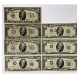 7 1934-77 Green Seal Ten Dollar Notes.