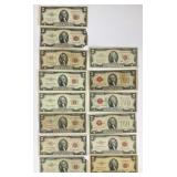 14 1928-63 Red Seal Two Dollar Notes.