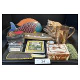 Souvenir Items, Opera Glasses, Raccoon Figure.