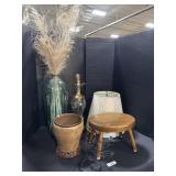 Large Blue Glass Vase, Lamp, Wooden Foot Stool.