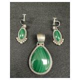 Sterling Silver & Malachite Pendant & Earrings.