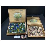 Vintage Glass Swirl & Clay Marbles, Cigar Boxes.