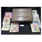 Wooden Box W/ Vintage Holiday Cards.