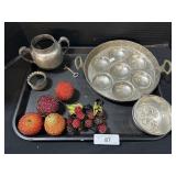 Silver Plated Bowl, Push Pin Fruit, Cake Tins.