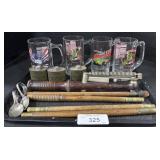 4 Beer Mugs, Clamp, Bent Spoons.