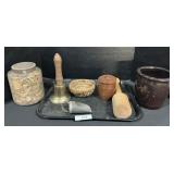 Redware Pottery, Brass Bell, Jars, Straw Basket.