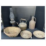 Copper Kettle, Queen Anne Lamp, Baskets.