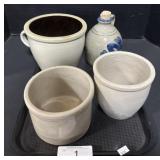 Blue Decorated Stoneware Jug, 3 Stoneware Pots.