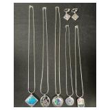 Sterling Silver & Glass Necklaces & Clip Earrings.